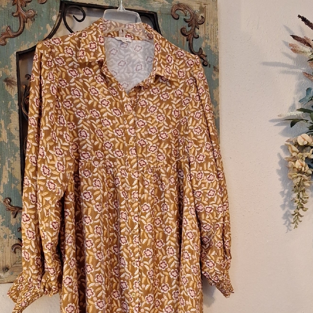 🔥🔥CLEARANCE🔥🔥 Mustard and White Patterned Long Sleeve Dress. Size Small - Picture 4 of 9